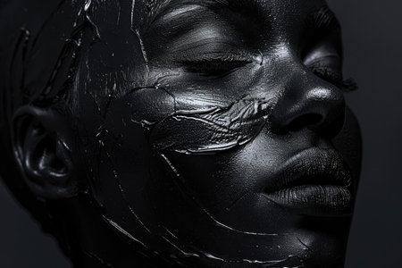 Black woman face on black background with closed eyes, sensation. Oil waves. High quality photoの素材
