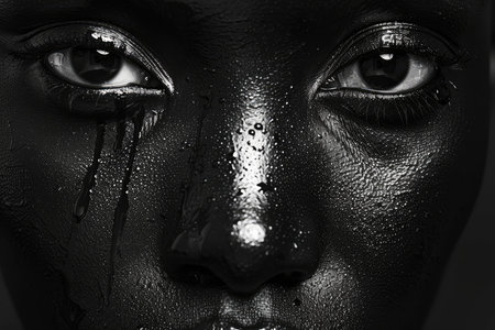 Black woman face on black background with opened eyes, gold fashionable makeup. High quality photoの素材