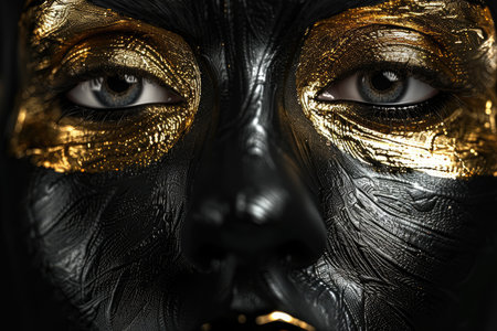 Black woman face on black background with opened eyes, gold fashionable makeup. High quality photoの素材