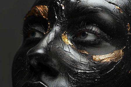 Black woman face on black background with opened eyes, gold fashionable makeup. High quality photoの素材