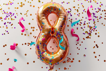 Multi-colored foil balloons in the shape of the numbers 8 on a white background. High quality photoの素材