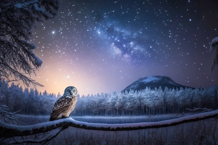 Beautiful snow-covered forest at night, owl, fir trees, pines, it's snowing. Moon. High quality photoの素材