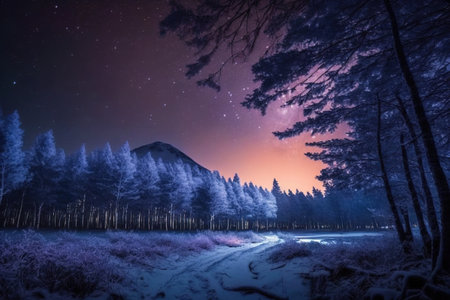 Beautiful snow-covered forest at night, fir trees, pines, it's snowing. Mountains and the moon. High quality photoの素材