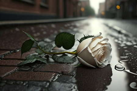 The abandoned white rose is lying on the ground. Quarrel, divorce, broken heart, separation, tragedy. High quality photoの素材
