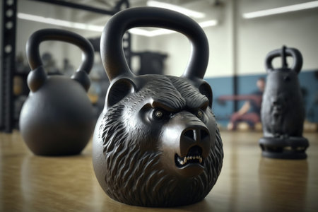 An unusual weight in the shape of a bear's head in the gym. Weightlifting.の写真素材