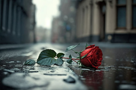The abandoned rose is lying on the ground. Quarrel, divorce, broken heart, separation, tragedy. High quality photoの素材