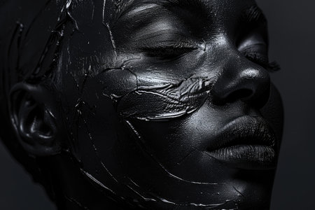 Black woman face on black background with closed eyes, sensation. Oil waves. High quality photoの素材