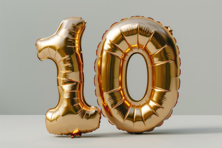 Multi-colored foil balloons in the shape of the numbers 10 on a white background. High quality photoの素材