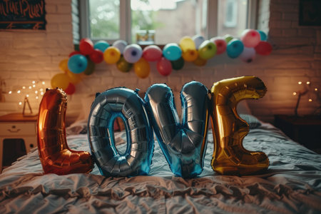 Multi-colored foil balloons in the shape of the word LOVE on the bed in bedroomの素材