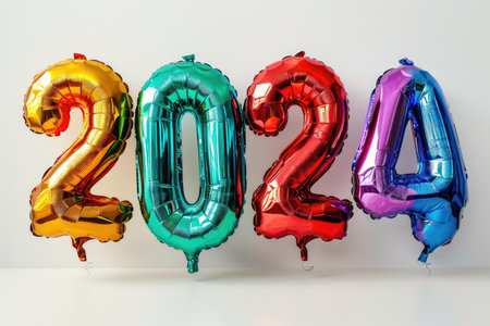 Multi-colored foil balloons in the shape of numbers 2024 on a white backgroundの素材