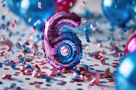 Multi-colored foil balloons in the shape of number 6 on a white backgroundの素材