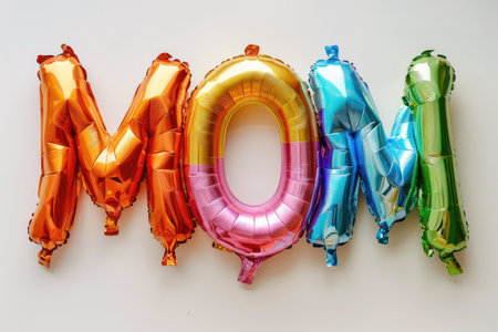 Multi-colored foil balloons in the shape of the word MOM on a white backgroundの素材