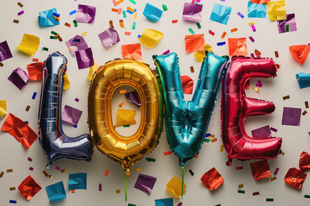 Multi-colored foil balloons in the shape of the word LOVE on a white backgroundの素材