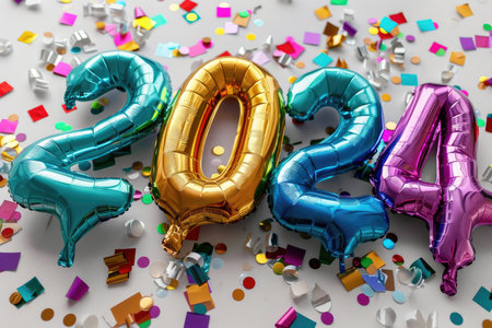 Multi-colored foil balloons in the shape of numbers 2024 on a white backgroundの素材