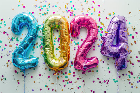 Multi-colored foil balloons in the shape of numbers 2024 on a white backgroundの素材