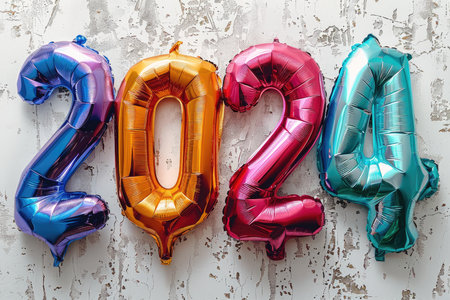 Multi-colored foil balloons in the shape of numbers 2024 on a white backgroundの素材