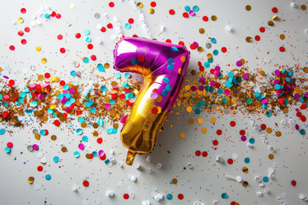 Multi-colored foil balloons in the shape of number 7 on a white backgroundの素材