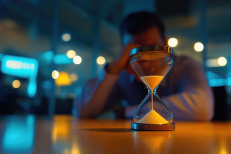 A man at work sits tired and looks at an hourglass standing on the table. High quality photoの素材