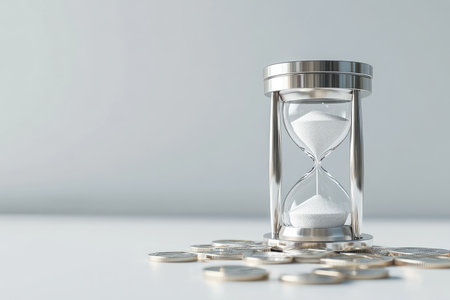 Time is money, hourglass and coins on a beautiful white background isolated. High quality photoの素材