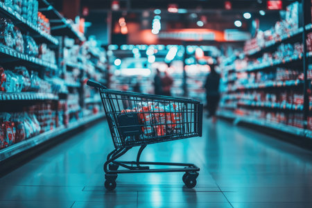 basket of groceries in a store. Shelves with products, customers on background. High quality photoの素材