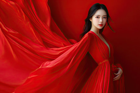 Asian girl in red dress stands against red wall of fluttering fabric and silk. Fashion photo. High quality photoの素材