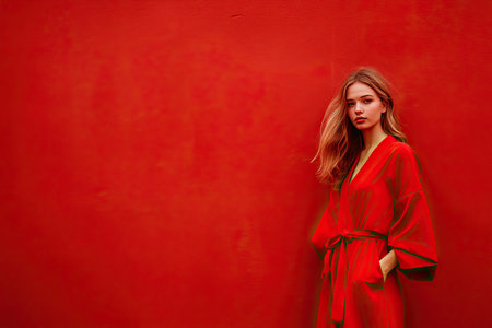 European girl in a red dress stands against a red wall. Space for text, fashion photo. High quality photoの素材