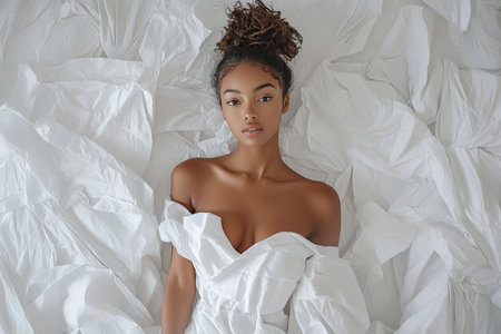 African girl white dress stand against white wall of fluttering fabric and silk. Fashion photo. High quality photoの素材