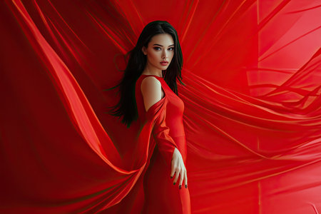 European girl in red dress stands against red wall of fluttering fabric and silk. Fashion photo. High quality photoの素材