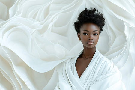 African girl white dress stand against white wall of fluttering fabric and silk. Fashion photo. High quality photoの素材
