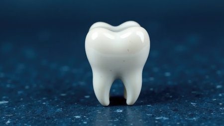 A white tooth crafted from marble material is displayed against a dark blue textured background. The marble texture adds uniqueness and elegance to the image.の素材