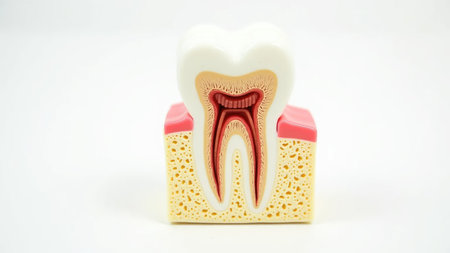 This image provides a detailed cross-section view of a human tooth, revealing the inner anatomy including the root pulp and surrounding bone structures. It is an educational and informative visual aidの素材
