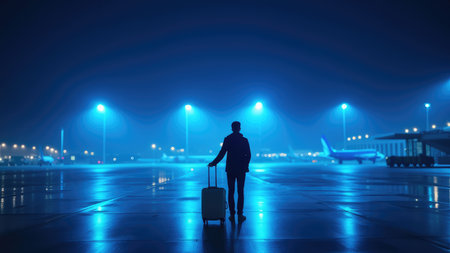 A striking nighttime airport image illuminated by glowing blue lights, featuring a traveler standing with a gray suitcase. Captures modernity, travel excitement, and anticipation of night adventuresの素材