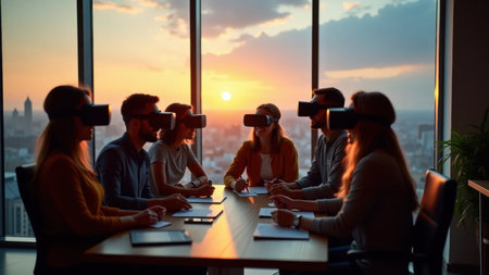 A captivating scene of a young and diverse team brainstorming with virtual reality headsets in a contemporary office setting, featuring sweeping views of the city illuminated by the warm glow of the sunset. This image highlights innovation, teamwork, and future collaborationの素材