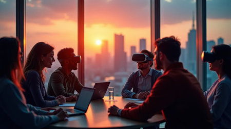 A captivating scene of a young and diverse team brainstorming with virtual reality headsets in a contemporary office setting, featuring sweeping views of the city illuminated by the warm glow of the sunset. This image highlights innovation, teamwork, and future collaborationの素材
