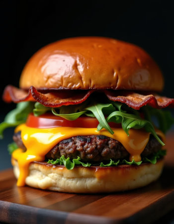 A meticulously crafted gourmet burger takes center stage in this close-up composition. Melted cheese oozes from between toasted buns, while fresh arugula, crispy bacon, tomato slices, and a juicy beef patty create a symphony of textures and flavors. Dramatic lighting accentuates the burgers details against a dark wooden surfaceの素材