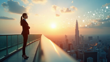 A serene image of a businesswoman silhouetted against the morning sun as she stands on a glass bridge, gazing at digital data streams flowing in the sky over a modern urban landscape. The setting symbolizes technological advancement and new business opportunities in the morning light.の素材