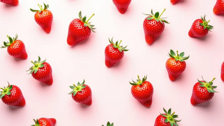 Fresh Strawberry Pattern oA vibrant collection of hyperrealistic top-down views featuring fresh, ripe strawberries scattered across various clean, solid, harmoniously colored backgrounds. n Colorful Backgrounds. High quality photoの素材