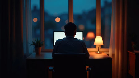 Back view of someone working late at a dark wood desk with warm lamp light and blurred city view. Peaceful nighttime remote work scene.の素材