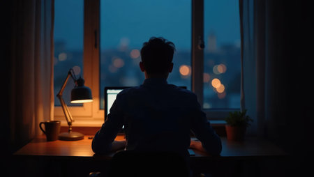 Back view of someone working late at a dark wood desk with warm lamp light and blurred city view. Peaceful nighttime remote work scene.の素材