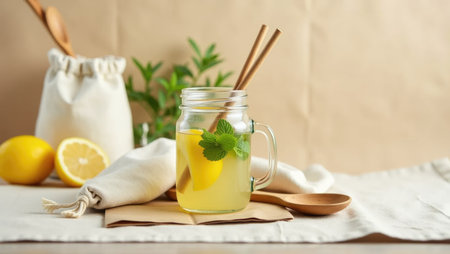 Sustainable detox drink in a glass jar with mint and lemon, reusable accessories on paper backdrop. Clean, eco-conscious lifestyle conceptの素材