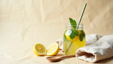 Sustainable detox drink in a glass jar with mint and lemon, reusable accessories on paper backdrop. Clean, eco-conscious lifestyle conceptの素材