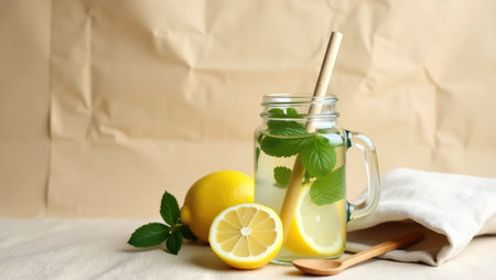 Sustainable detox drink in a glass jar with mint and lemon, reusable accessories on paper backdrop. Clean, eco-conscious lifestyle conceptの素材