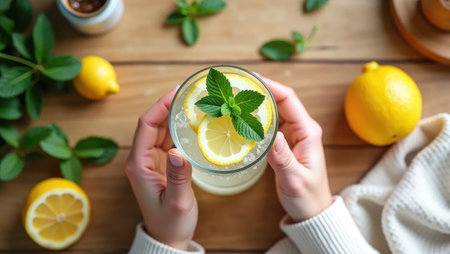 Fresh lemon water with mint in a glass, hands holding it on a wooden table with fruits and towel. Healthy lifestyle, natural light, minimalist detox concept.の素材