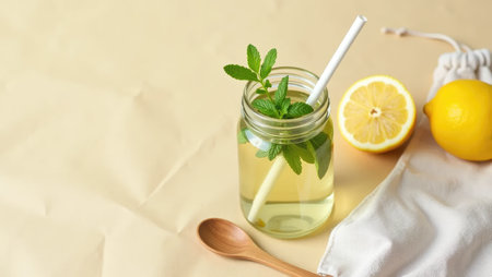 Sustainable detox drink in a glass jar with mint and lemon, reusable accessories on paper backdrop. Clean, eco-conscious lifestyle conceptの素材