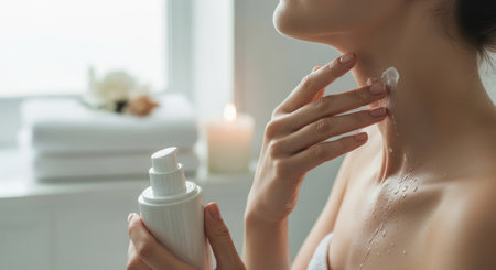 Close-up of feminine hands gently massaging cream into neck and dの素材