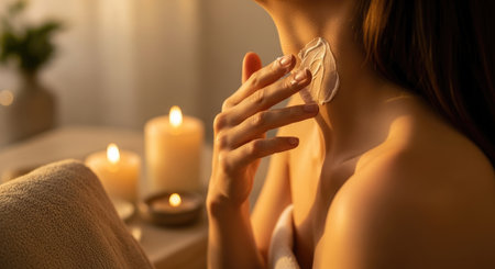 Woman applying luxurious cream to her neck in warm candlelight, evoking a soothing nighttime self-care routineの素材