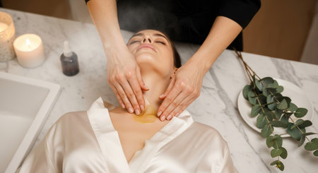 Elegant hands applying nourishing oil in a lavish spa-inspired setting with marble and natural accentsの素材