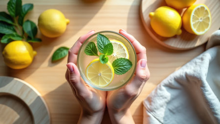 Fresh lemon water with mint in a glass, hands holding it on a wooden table with fruits and towel. Healthy lifestyle, natural light, minimalist detox concept.の素材