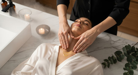 Elegant hands applying nourishing oil in a lavish spa-inspired setting with marble and natural accentsの素材