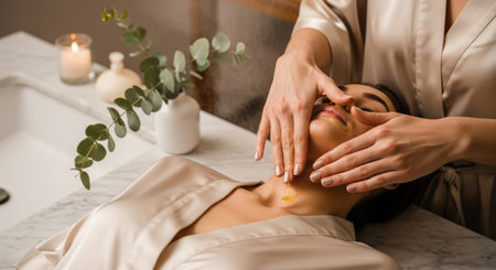 Elegant hands applying nourishing oil in a lavish spa-inspired setting with marble and natural accentsの素材